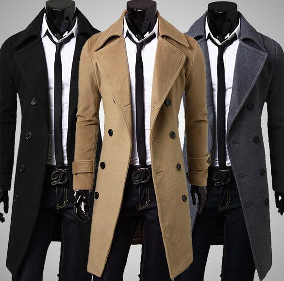 Men's Slim Trench Coat Winter Long Jackets Outwear Double Breasted ...