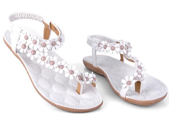 Women New Bohemia Flower Beads Flip-flop Shoes Flat Sandals Thong ...