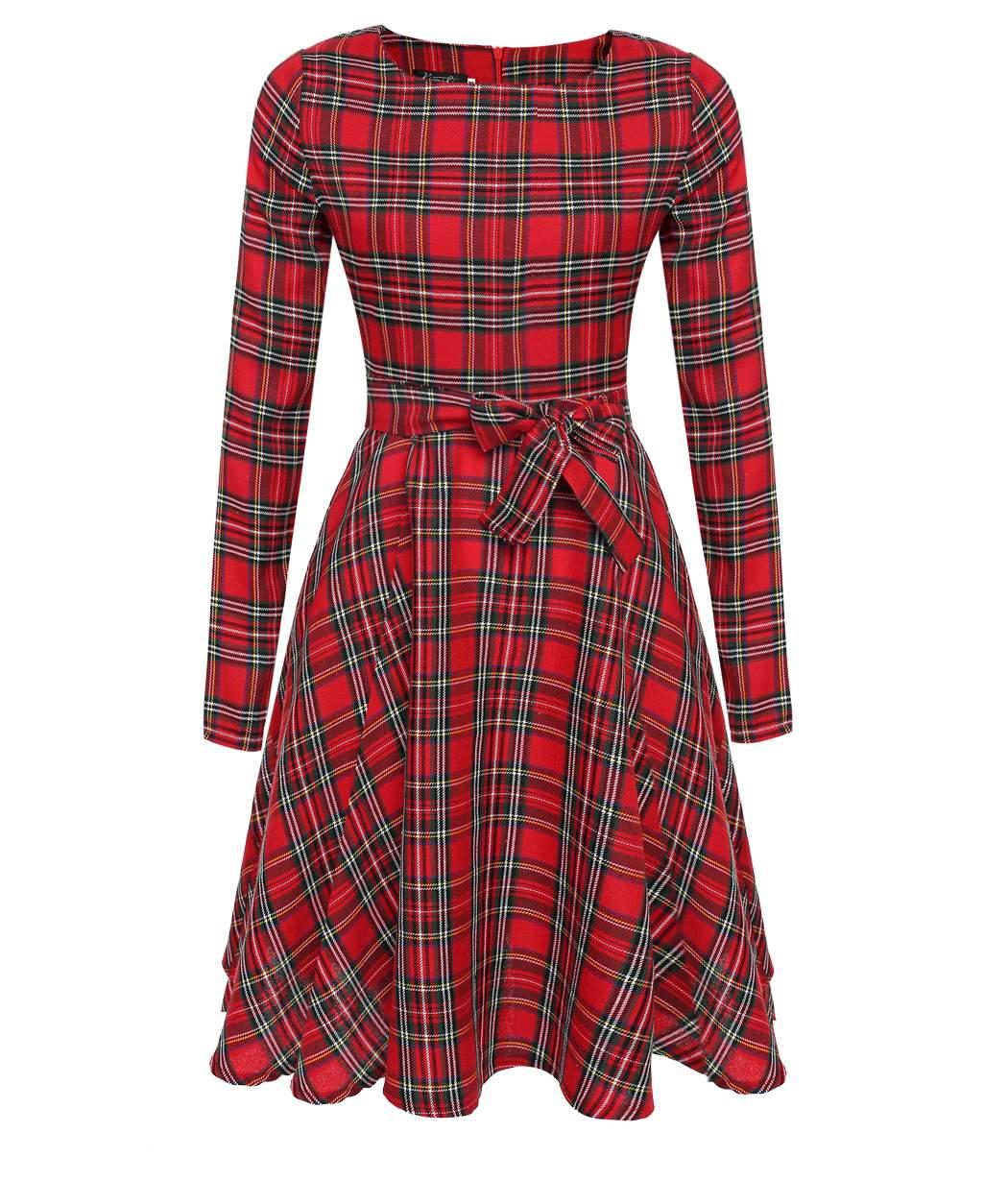 Women Sexy Vintage Long Sleeve Plaid Cocktail Evening Party Long Dress ...