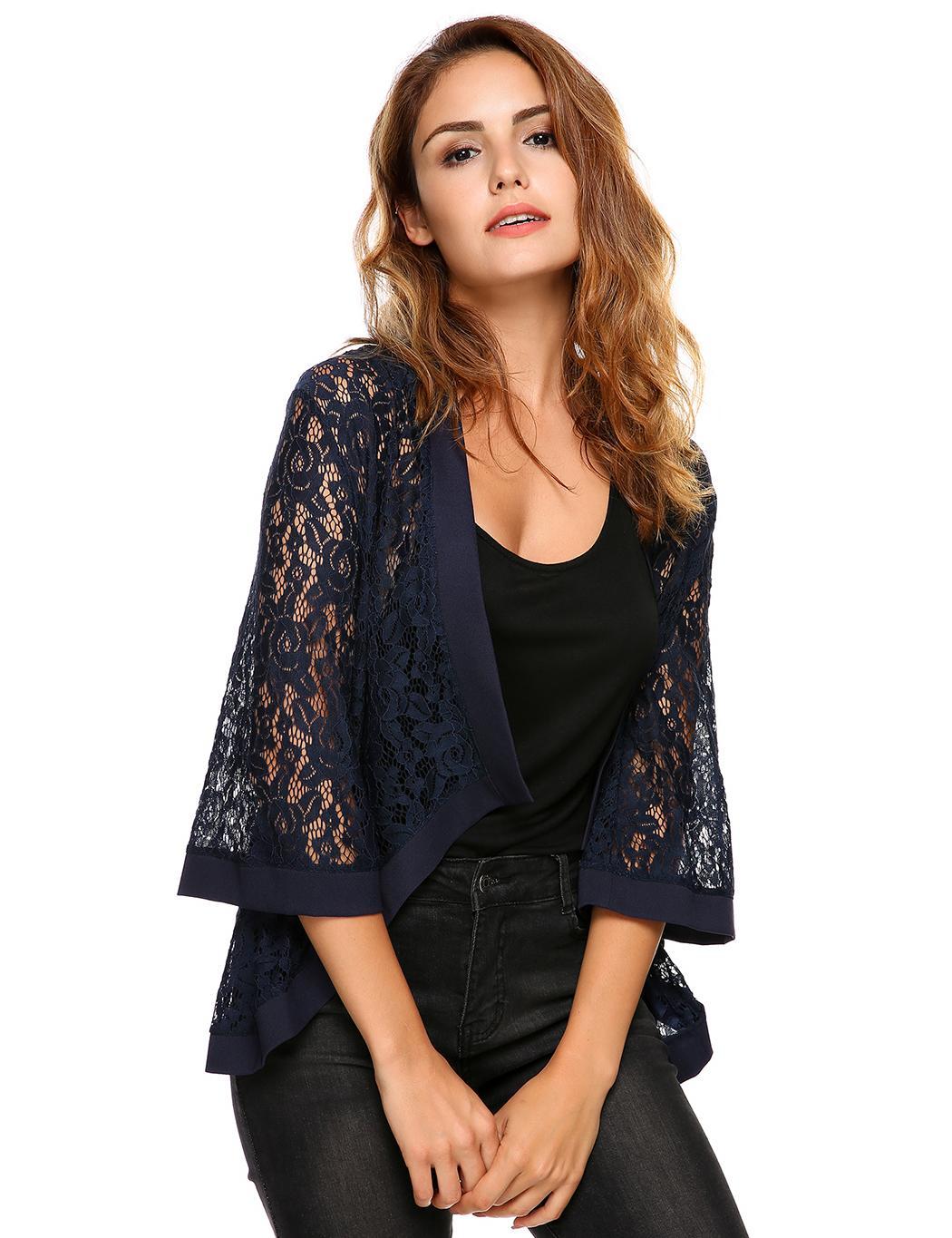 New Women Casual Flare Sleeve Floral Lace Loose Jacket Kimono From Top ...