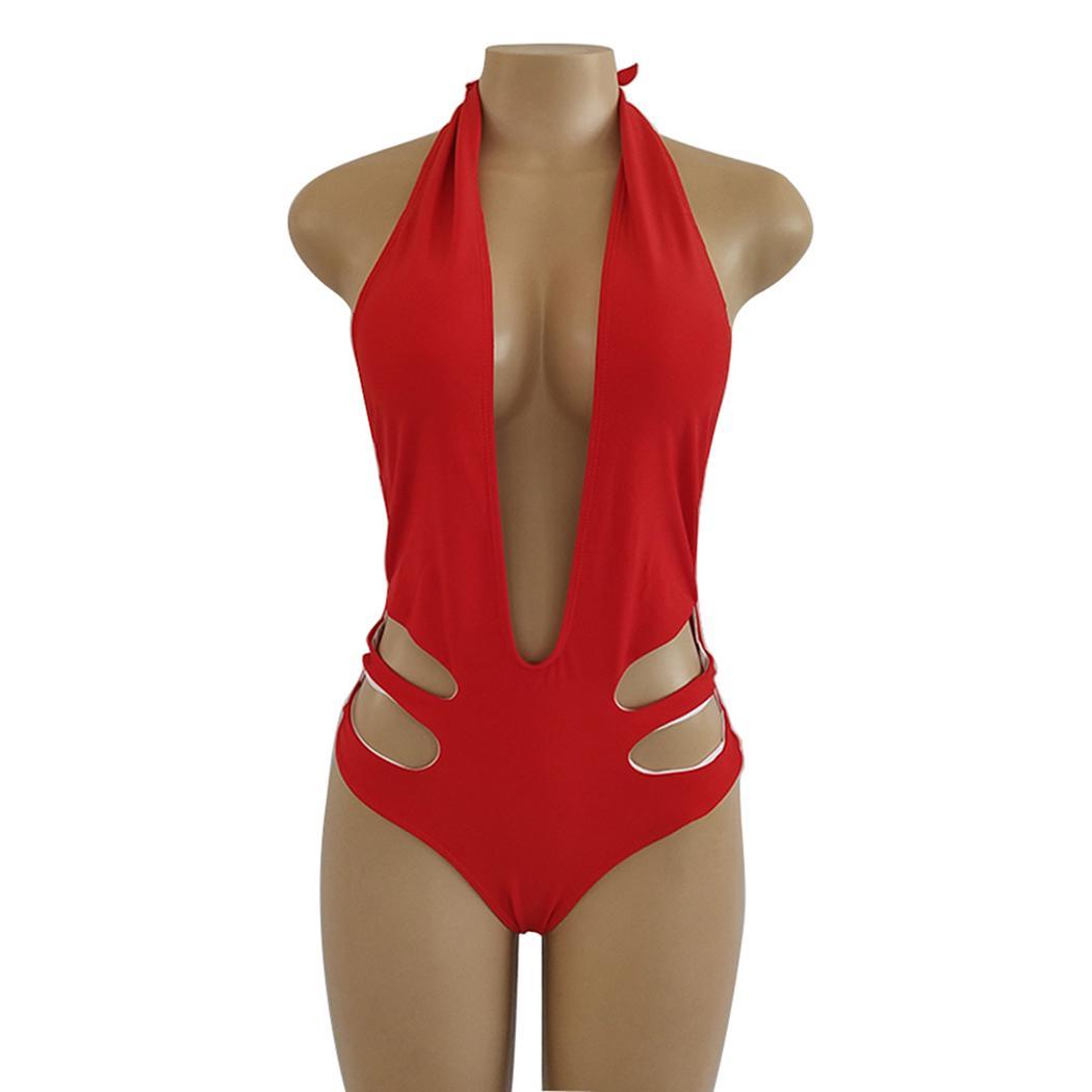 Women Sexy Hollow Out Halter Deep V Neck One Piece Bikini Swimsuit Lm