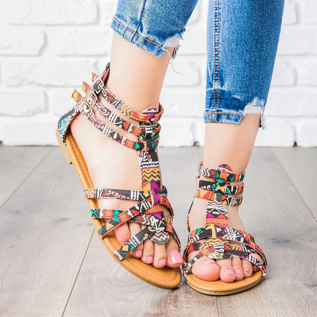 Women Casual Bohemian Style Colorful Flat Sandals Summer Beach Shoes ...