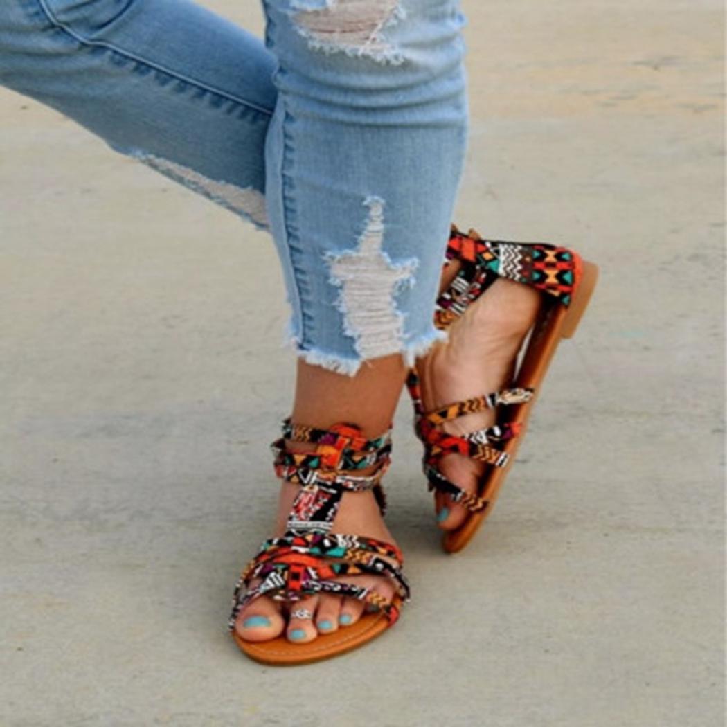 Women Casual Bohemian Style Colorful Flat Sandals Summer Beach Shoes 